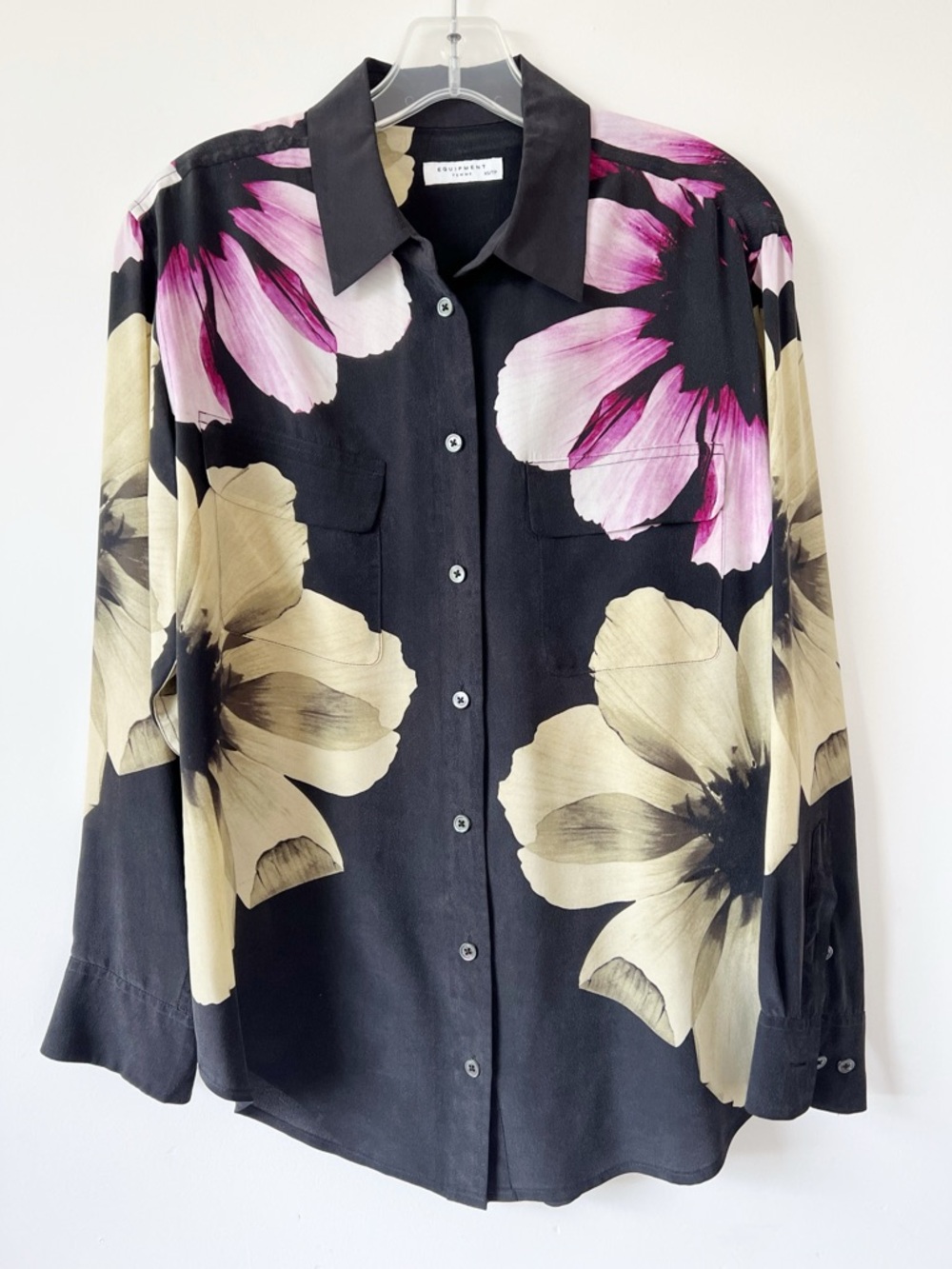 Equipment Black 100% Silk Floral Blouse with Pink & Cream Blooms XS